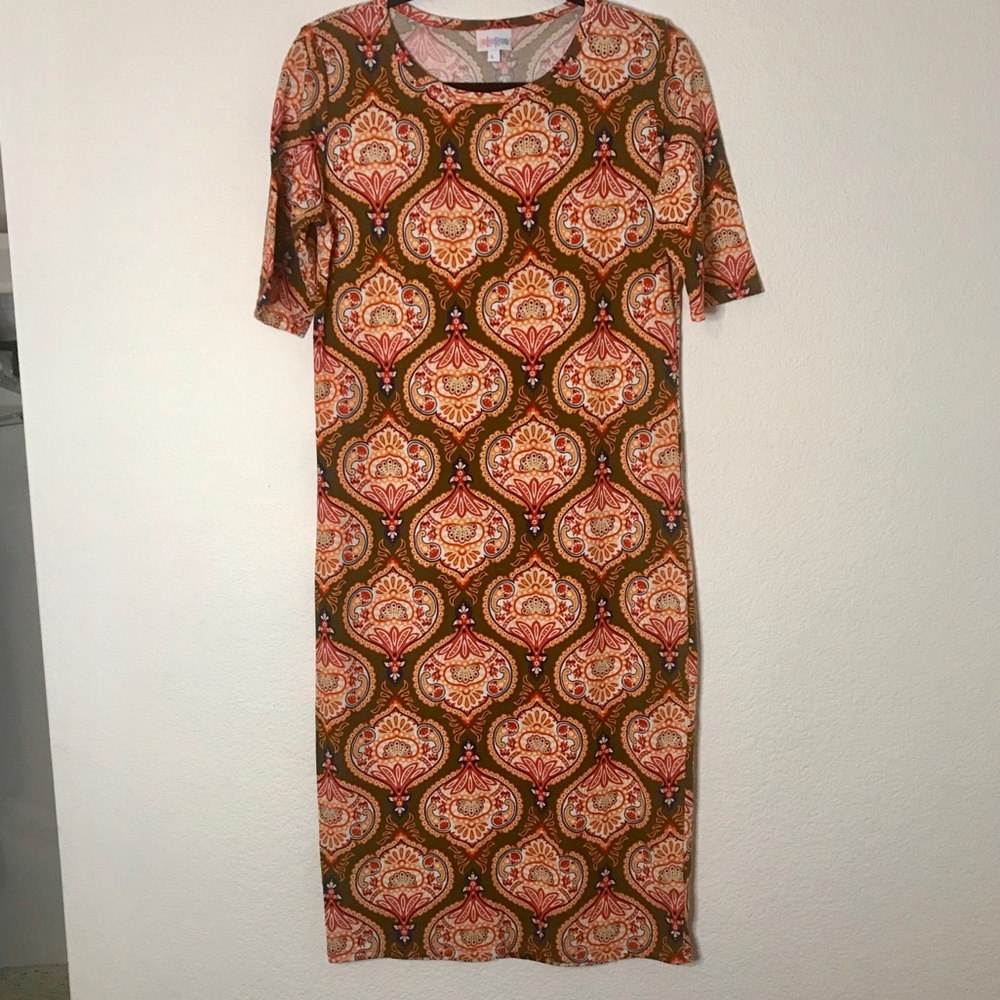 LuLaRoe Julia Paisley Print Dress Orange Olive